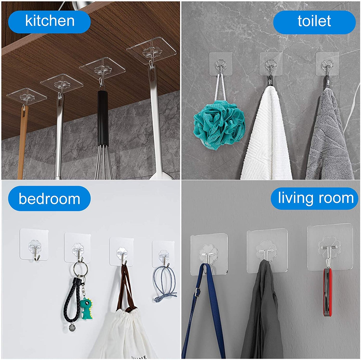 Wall Hooks Waterproof and Oilproof,Transparent/Silver Reusable Seamless Hooks