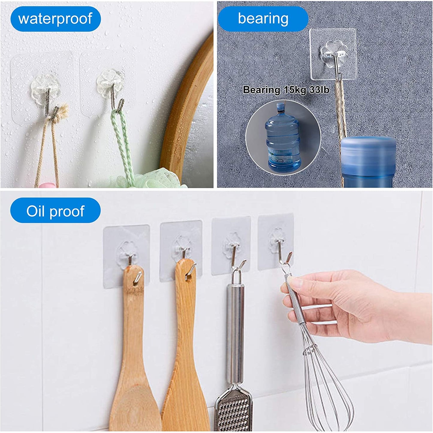 Wall Hooks Waterproof and Oilproof,Transparent/Silver Reusable Seamless Hooks