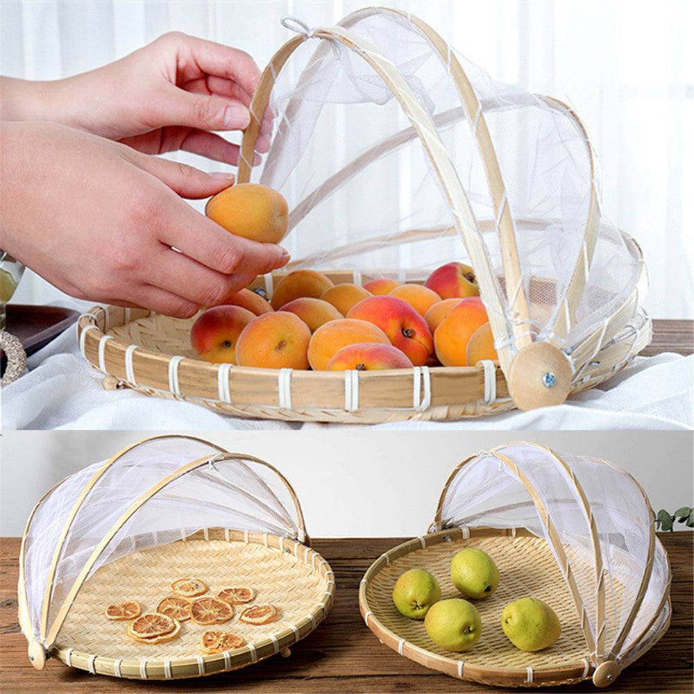 Hand-Woven Outdoor Food Basket Dustproof Mesh Gauze Cover