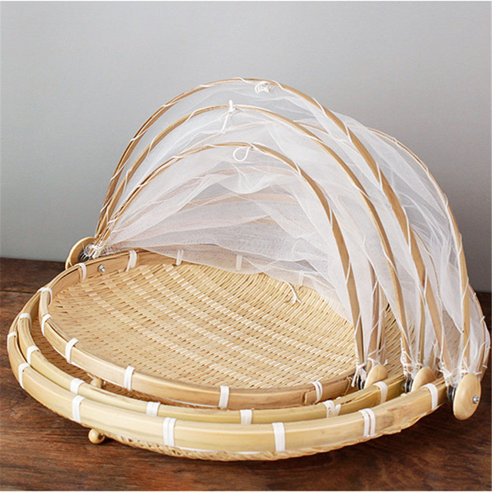 Hand-Woven Outdoor Food Basket Dustproof Mesh Gauze Cover